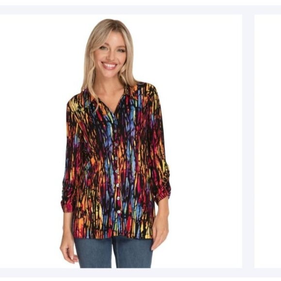 Ali Miles XL Button Tunic Top Crinkle Burnout Abstract Maximalism Colorful - Picture 1 of 12